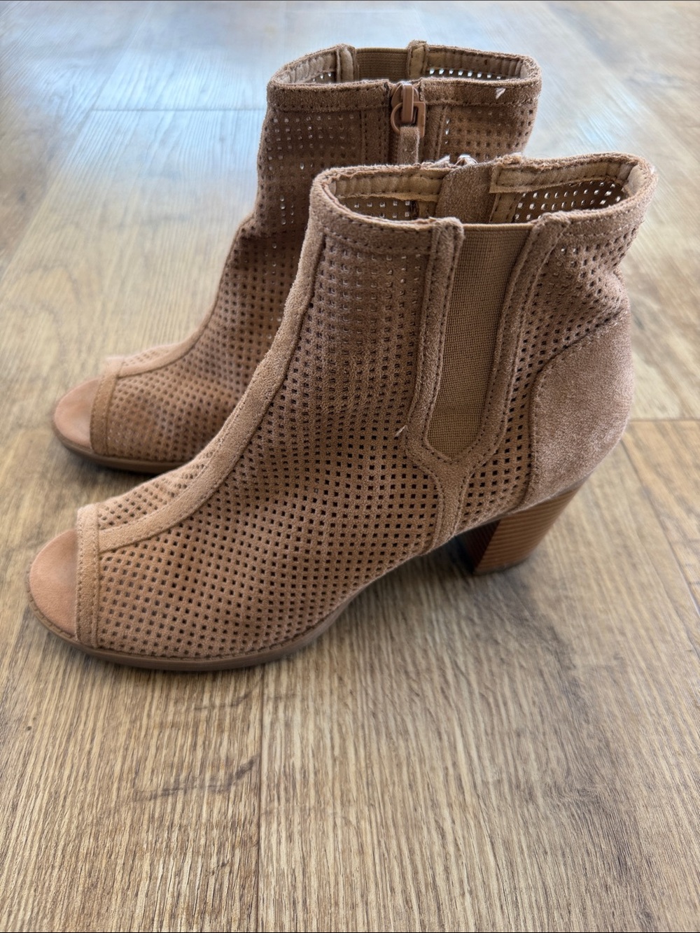 Suede Peep-Toe Ankle Bootie in Taupe